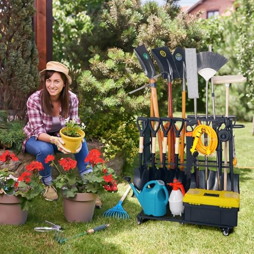 LCMWHOP Garden Tool Organizer - Heavy Duty Garage Storage and Organization with Wheels - Large Garden Tool Storage Holder for Lawn Yard Patio Shed,Garage Shovel Rack
