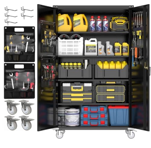 Yeeoy Wide & Deep Metal Garage Storage Cabinet with Pegboard & Adjustable Shelves, Lockable Storage Cabinet with Wheels, Tool Organization Cabinets for Office Garage Shop, 43''W x 22''D x 72''H