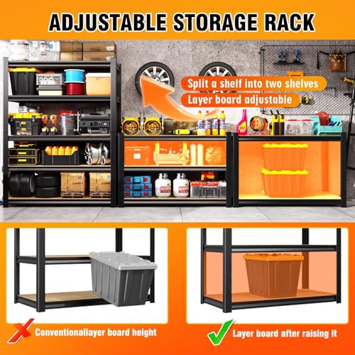 KORVENA 71.2''H Storage Shelves, 2500lbs Garage Shelving,Adjustable Heavy Duty Shelving Unit,5T Tall Garage Shelves，Wood Metal Standing Shelf Units,Utility Rack for Kitchen 71.2''H*31.5''W*13.8''D
