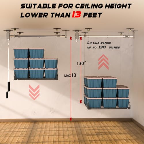 YOHKOH 4x4 Ft Overhead Garage Storage Rack with Lifting, 400lbs Garage Storage Lift for Ceiling, 59.1'' Axle Heavy-Duty Metal Garage Ceiling Rack, Black