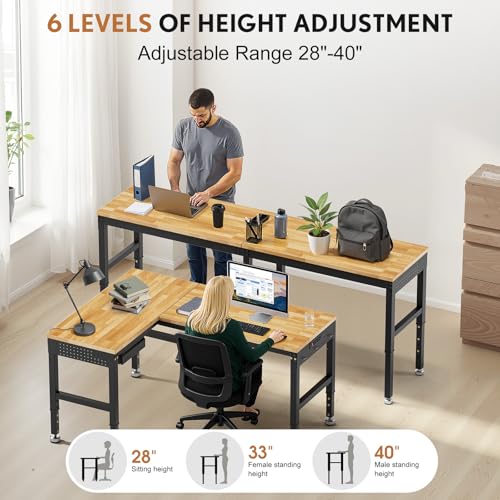 MUWOOD 96”L-Shaped Heavy Duty Work Bench, Heights Adjustable Workbench, 5000 LBS Load Capacity, Work Benches for Garage with Power Outlet & Pegboard, Rubber Wood Work Table for Office, Workshop, Home