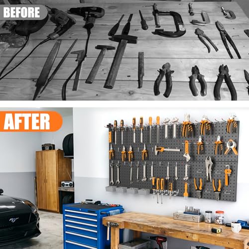 TORACK Garage Tools Organizer Boards Kit with Hooks, Modular Wall-Mounted Tool Storage Pegboard for Workbench(Black, 4 Panels with Hooks)