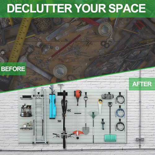RELIANCER PVC Slat Wall Panels,4ft by 8ft (32 sqft) Garage Wall Organizer Storage System,Interlocking Slatwall Paneling Sheets,Workshop Slatwall Shelves Tools Organization,Wall Mounted Storage Rack