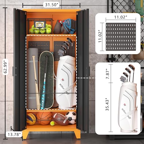 UVGHPW Garage Storage, Sports Equipment Organizer with 2 Adjustable Shelves, 2 Elastic Cords, 4 Pegboards & 5 Hooks, Ball Storage Rack for Garage, Home, Gym, School, Office, Black&Orange