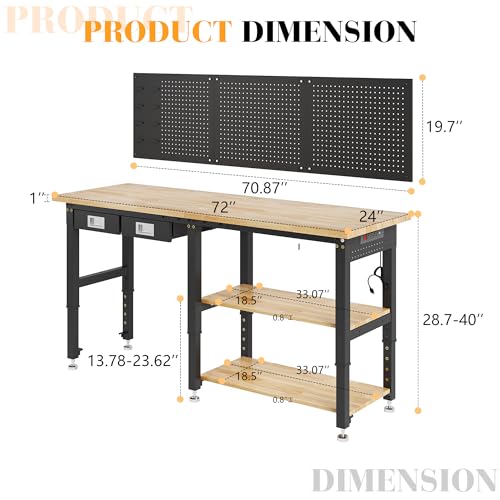 SPECRAFT 72" 2-Tier Heavy Duty Work Bench with Drawer & Pegboard, Workbench with Storage, Adjustable Height – 5200 LBS Capacity, Power Outlets, for Garage, Workshop & Home Use