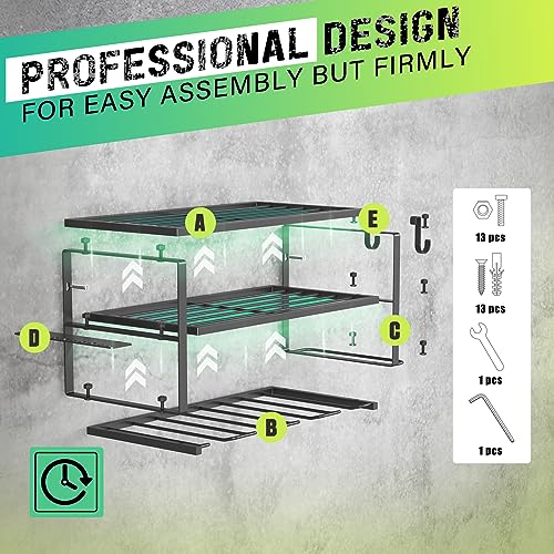 SUNALLY Power Tool Organizer, Heavy Duty Iron, 3 Layers Storage Rack with 4 Drill Holders, Floating Tool Shelf Wall Mounted, Matte Black, Work Shop, Garage, 150Lbs Load Capacity