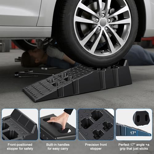 2 PCS Car Ramps for Oil Changes, 13000lbs Heavy Duty Plastic Oil Change Ramps, 12" Wide Low Profile Design with 8.6" Lift Height, Jack Support for Vehicle Service & Garage Repair Black