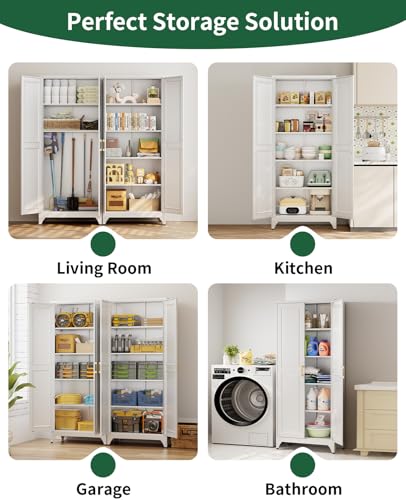 75" Tall Metal Storage Cabinet with 2 Doors and 4 Adjustable Shelves, Heavy Duty Steel Pantry Cabinet for Home Office, Kitchen, Garage and Laundry Room, White