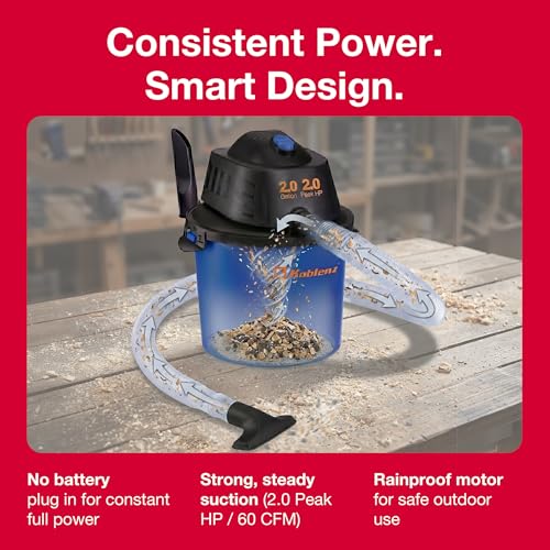 Koblenz Wet Dry Vacuum Cleaner, 2 Gallon 2.0 PHP, 60 CFM, 10 ft Reach, Twist-N-Lock Hose, Small Shop Vac, Portable Shop Vac for Home Car Garage Workshop, Accessories Included, Blue/Black, WD-2L