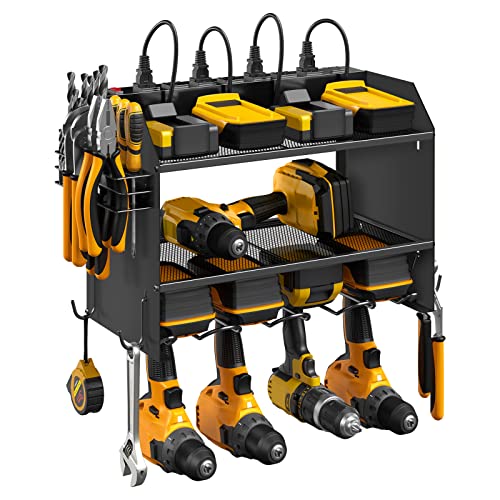 CCCEI Modular Power Tool Organizer Wall Mount with Charging Station. Garage Drill Storage Shelf with Hooks, Heavy Duty Rack, Tool Battery Holder Built in 8 Outlet. Gift for Men. Black, 1 Pack.