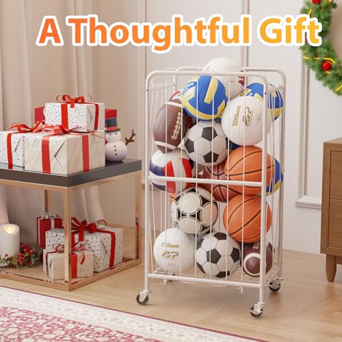 Olldide 210L 43-Inch Large Ball Storage Basket with Wheels, Rolling Cart Sports Equipment Garage Organizer with Elastic Rope for Easy Access, Holder for Basketball, Soccer, Volleyball, Football