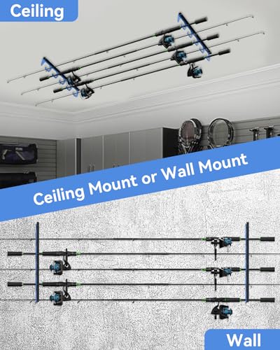 WellMall Fishing Rod Pole Holders - 5 Fishing Rod Pole Holder Storage for Wall & Garage Ceiling Mount, Great Fishing Rod Rack Fits Most Fishing Rods