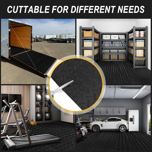 Grandroad auto 8x20 FT Garage Floor Mat, 2.8mm Thickened Flooring Roll for Under Car Diamond Plate PVC Rubber Mat with 20 Pcs Tapes, Non-Slip Floor Mat for Garage, Warehouse, Gyms, Trailer, Black