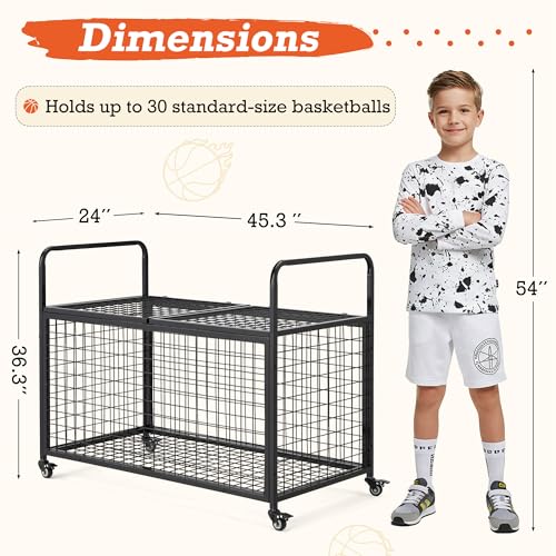 AECOJOY Ball Cart Storage, Extra Large Rolling Basketball Bin with Wheels for Garage, School, Gym, Sports Equipment and Toy Organizer, Indoor & Outdoor