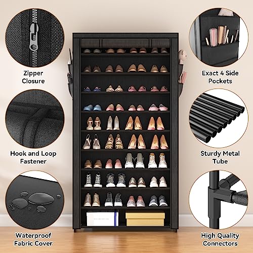 ROJASOP 10 Tier Shoe Rack with Covers,Large Capacity Stackable Tall Shoe Shelf Storage to 50-55 Pairs Shoes and Boots Sturdy Metal Free Standing Shoe Rack Organizer for Closet Entryway Garage