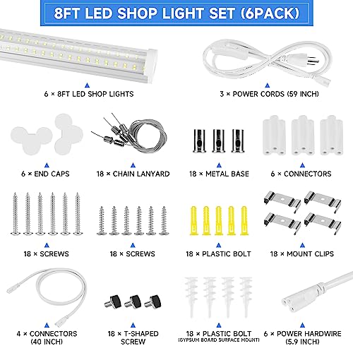Phiwicsh 8FT U Shape 125W Integrated Tube Bright LED Light, 6500K Clear White, 20000LM - Flush Mount/Hanging Linkable LED Ceiling Lights for Garage, Plug&Play, 6 Pack