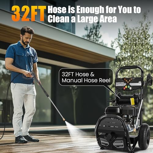 Professional 4200PSI 4GPM 212CC Gas Pressure Washer, 7.0HP Heavy-Duty 3600RPM Commercial Gas Power Washer with 10" Wheels 3000ML Foam Bottle 5 Nozzles 33FT Hose Reel (EPA/CARB/ETL Compliant), Black