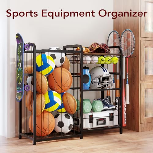 Homsorout Garage Sports Equipment Organizer, Ball Storage for Gear and Toys, Large Capacity, Sports Organizer for Garage with Hooks and Baskets, for golf, Football, Soccer Ball, Bat