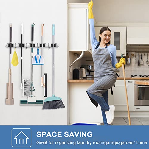IMILLET 2 Pack Wall Mount Broom Holder Stainless Steel 5 Racks with 4 Hooks Broom Organizer Self Adhesive Heavy Duty Laundry Room, Garage Organization Storage