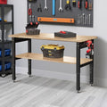 Albott 48" Adjustable 2-Tier Workbench with Solid Wood Top, Max 2500lbs Capacity, Built-in Power Strip with 4 AC Outlets & 2 USB Ports, Pegboard & 20 Hooks, Shop Garage Office