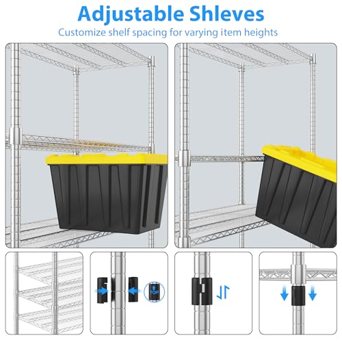 Homdox 5 Tier Heavy Duty Storage Shelves, Wire Shelving Unit with Wheels, Commercial Adjustable Metal Shelves for Storage, Garage Rack Pantry Shelves Kitchen Shelving, 24"x 60"x 82", Chrome