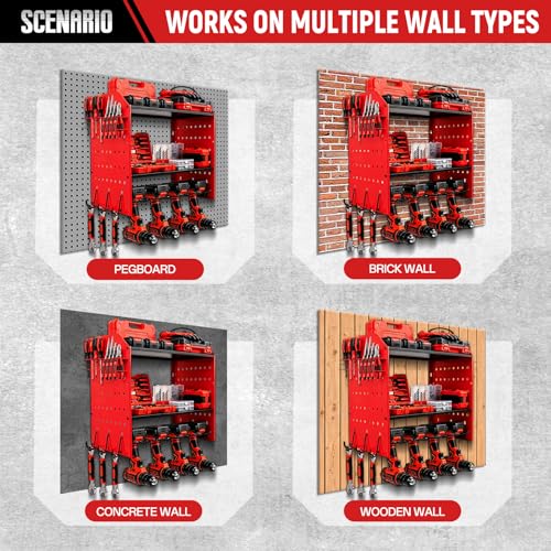 YKNIUNIU Power Tool Organizer Wall Mount, Garage Drill Storage Shelf with Hooks, Heavy Duty Metal Premium Garage Tool Shelf,Cordless Tool Storage Rack for Garage, Tool Room,Red