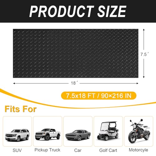 7.5x18 FT Garage Floor Mat, Flooring Roll with 20Pcs Tapes, 135 sqft Diamond Plate PVC Rubber Trailer Mat, Non-Slip Floor Mat for Garage, Warehouse, Gyms, Trailer, Pickup Truck (Black)