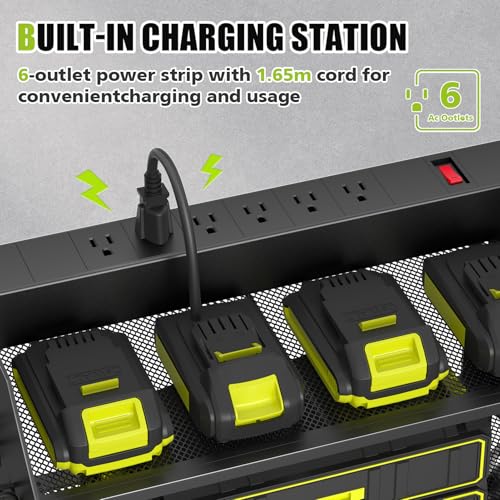 SUNALLY Power Tool Organizer Wall Mount with Charging Station,3 Layer Heavy Duty Metal Tool Storage Rack with 4 Drill Holders, Power Tool Shelf for Garage, Warehouse, Workshop, Gifts for Men, Husband