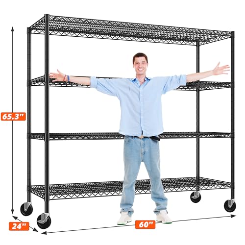 REIBII 60" W Storage Shelves 2878LBS Metal Shelving Unit with Wheels Heavy Duty Garage Shelving Adjustable Wire Shelves for Pantry,Kitchen,Garage,Basement,Business,Warehouse,School,60”W ×24”D×65.3”H