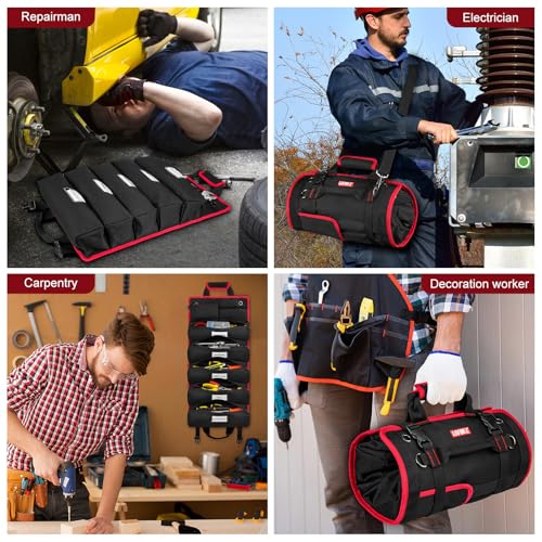 Tool Bag,Large Roll Up Tool Bag Organizer,13 Pockets Tool Roll Storage Pouch,Heavy Duty Portable Tool Storage Carrier Bag for Men,Mechanic,Electrician,Valentines Day Gifts for Men,Black/Red