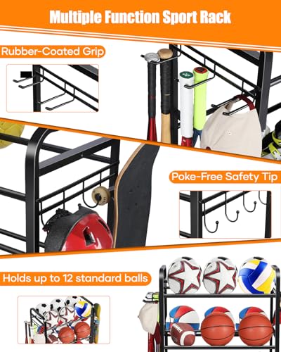 EXTCCT Ball Storage Sports Equipment Organizer - Garage Storage Cart Rolling Ball Storage Rack with Hooks Wheels Outdoor Indoor Gym Gear Toy Holder Bin for Basketball, Baseball, Soccer