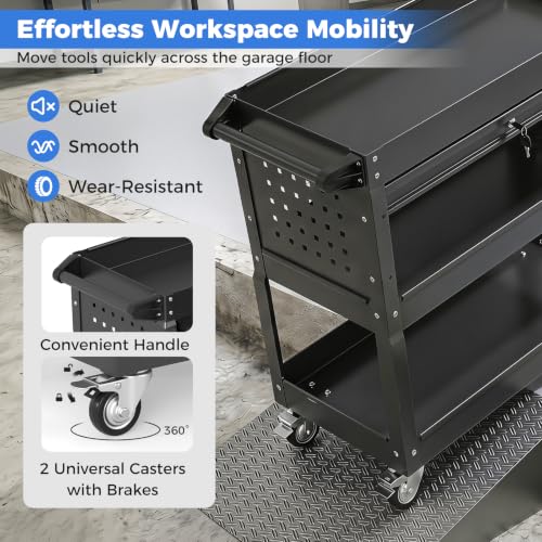 Goplus 3 Tier Rolling Tool Cart with Lockable Drawer, Heavy Duty Metal Utility Cart on Wheels with Pegboards & Hooks, Mechanic Tool Storage Organizer for Garage, Warehouse & Workshop (Black)