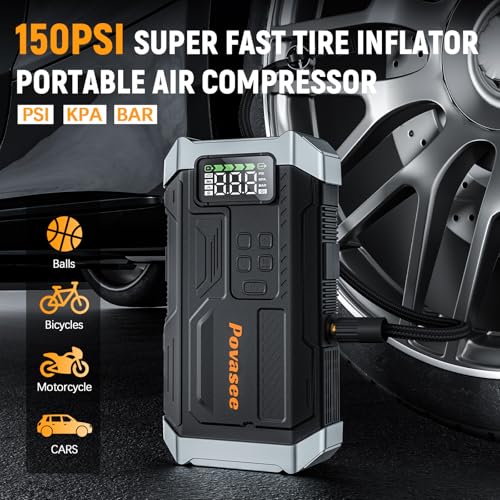 [2026NEW Model] 5000A Jump Starter with Air Compressor,Car Jumper Starter Portable with 150PSI Tire Inflator 12V Jump Box with LCD Display,Flashlight,Storage Case (Up 9L Gas/8L Diesel Engine