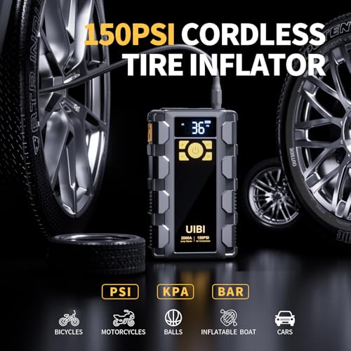 UIBI X5 Car Jump Starter 2000A with Built-in 150PSI Tire Inflator,16000mAh Power Bank & SOS Light for 8.0L Gas/6.0L Diesel Car Truck RV Road Trip Emergency