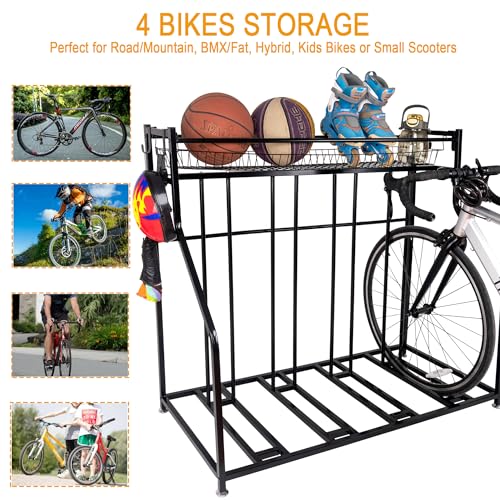 LuckySlycyc 4 Bike Rack Garage,4 Bike Stand for Garage,4 Bike Storage Rack,With storage basket adjustable hooks black metal bike stand floor for most 3"- 4" tyres bikes (4 Grids)