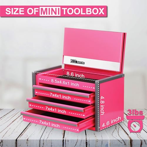 P.I.T. Mini Tool Box 8.6"W X 4.6"D, Portable 3 Drawer Steel Stackable Pink Tool Box with Magnetic Tab Locking, Pink Micro Top Chest with Liner for Tools Storage and Organizers, Home DIY