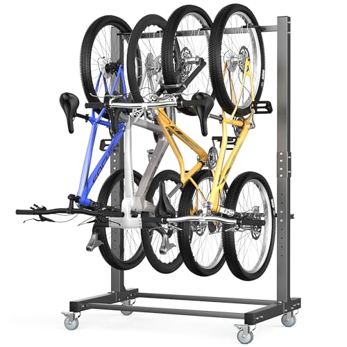 Ultrawall Freestanding Bike Rack with Wheels, Vertical Bike Storage Stand for Garage, Indoor Bicycle Organizer Holds Up to 4 Bikes, Heavy-Duty Steel Bike Rack
