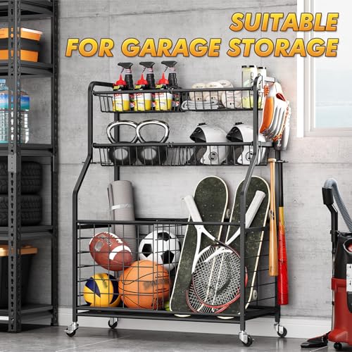 APEXCHASER Heavy Duty Sports Equipment Organizer, Garage Ball Storage Rack with Baskets & Hooks, Ball Organizer for Garage, Rolling Storage Cart for Basketball, Soccer Balls, Toys & Outdoor Gear