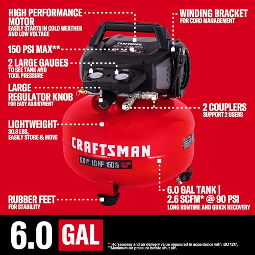 CRAFTSMAN 6 Gallon Pancake Air Compressor, Portable Oil-Free, 150 PSI, 2.6 SCFM @ 90 PSI, with 10-Piece Accessory Kit, Model CMXECXA0210641B