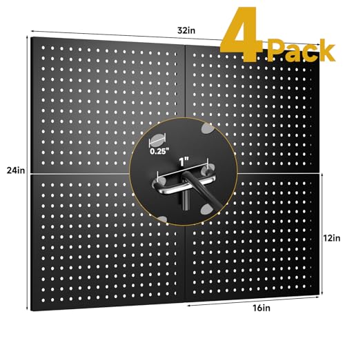 GEDELITE 4-Pack Heavy-Duty Metal Pegboard Organizer Kit - 16"x12" Black Steel Wall Control Panels with 8 Hooks for Garage Tools, Craft Rooms, and Home Office Storage