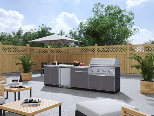 NewAge Products Outdoor Kitchen Island Aluminum Slate Gray 6 Piece Cabinet Set with Fridge, Liquid Propane 40" Performance Grill, Backyard Outdoor Grilling Set, 4-Burner BBQ 48000 BTU Gas Grill, 66312