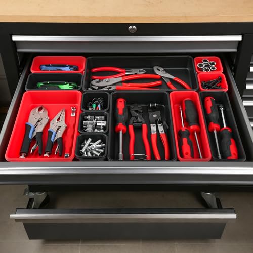TOOLEAGUE 46Pcs & 5 Sizes Tool Box Organizer Tray Set with 15Lb Magnetic Pickup Pen,Drawer Organizer Bin, Garage Organization and Storage Workshop Rolling Tool Chest WorkBench Small Part(Black, Red)