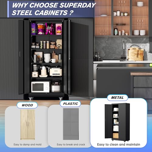 Pataku 73" Metal Storage Cabinet with Wheels, Garage Storage Cabinet with 4 Adjustable Shelves & Lockable Doors for Garage Home Office, Heavy Duty Tool Cabinets