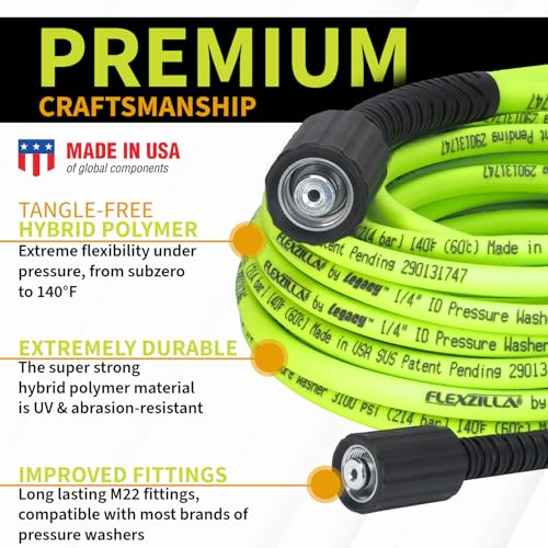 Flexzilla Pressure Washer Hose with M22 Fittings, 1/4 in. x 50 ft., ZillaGreen - HFZPW3450M-E