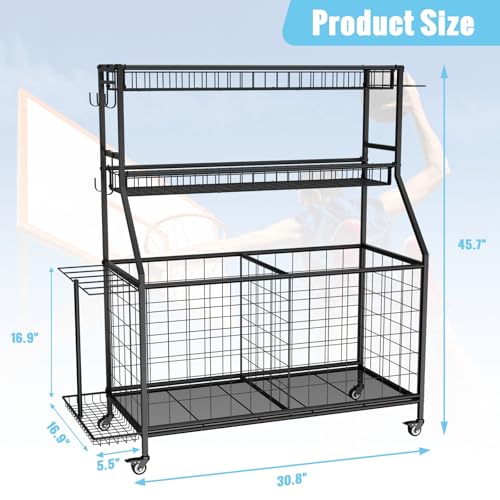 Sports Equipment Garage Organizer - Heavy Duty Garage Organization Ball Storage Rack with Basket, Hooks and Rolling Cart for Sports Gear and Toy Storage, Indoor/Outdoor Use, Black