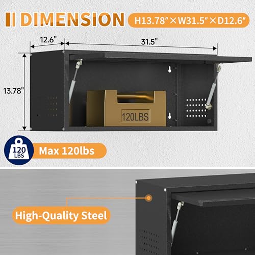 Firstsky Metal Garage Wall Cabinet with Up-Flip Door,Wall-Mounted Steel Storage Cabinet, Float Tool Cabinet with Pegboard,Upper Cabinet for Kitchen,Garage,Workshop,Warehouse(13.8" H,Black)