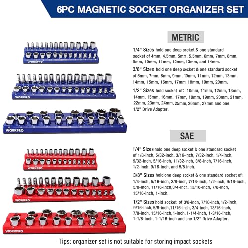 WORKPRO Magnetic Socket Organizer Set, 6-Piece Socket Holder Set Includes 1/4", 3/8", 1/2" Drive Metric SAE Socket Trays, Holds 143 Pieces Sockets, Christmas Gift for Men(Socket not Included)