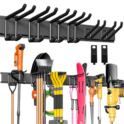 BlumeTrec Garage Tool Organizer Wall Mount, 48" Heavy-Duty Metal Wall Organizer, 3 Rails with 6 Adjustable Hooks, Garden Storage Rack for Organization Sturdy Tool Hanging Holder for Shovel Shed Yard