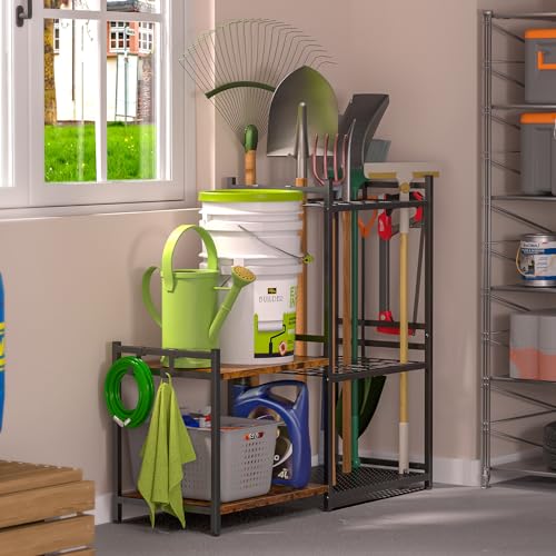 DAOUTIME Garage Tool Organizer with 2-tier Wooden Shelves, Yard Tool Organizer for Garage with 6 Hooks, Heavy duty Steel Garden Tool Rack Holds up to 35 Long Handled Yard tools for Storage, Black