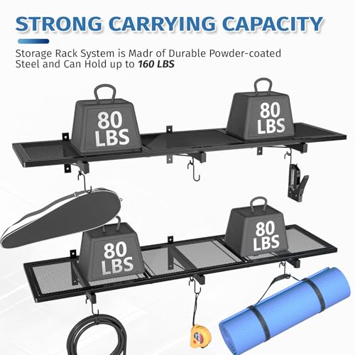 2 Pack Garage Wall Shelving,46"X 12.5" Garage Shelving Wall Mounted,Heavy Duty Garage Storage Rack with 8 Hooks,320 LBS Capacity,Black Metal Floating Organizer Shelves for Laundry,Warehouse (2)